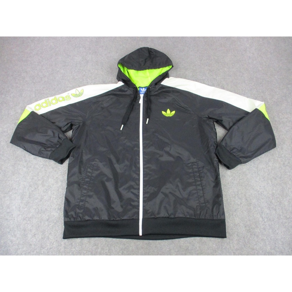 Adidas Jacket Mens Extra Large Black Green Neon Trefoil Windbreaker Hooded